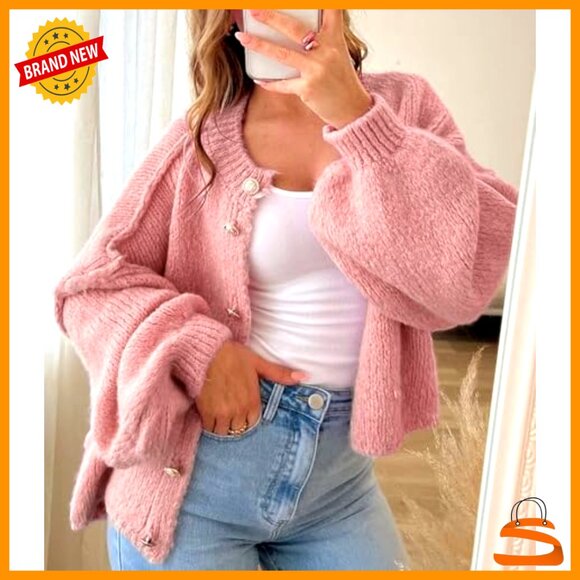 Chunky Knit Cardigan Oversized Fit Lantern Sleeve Button Up Cozy Sweater - Picture 3 of 7